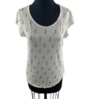 Soft Joie White Yellow Top Cotton Pineapple Print Crew Neck Cap Sleeve Size M?